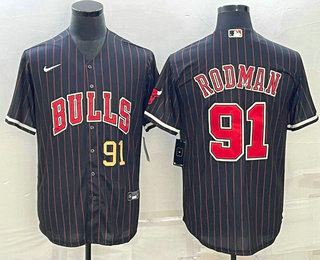 Men%27s Chicago Bulls #91 Dennis Rodman Number Black With Patch Cool Base Stitched Baseball Jersey->chicago bulls->NBA Jersey